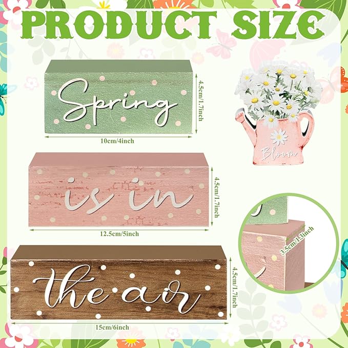 Yalikop 4 Pcs Spring Daisy Table Decorations Spring Tiered Tray Decor Daisy Wooden Block Sign Farmhouse Rustic Table Decor Centerpiece for Party Desk Home