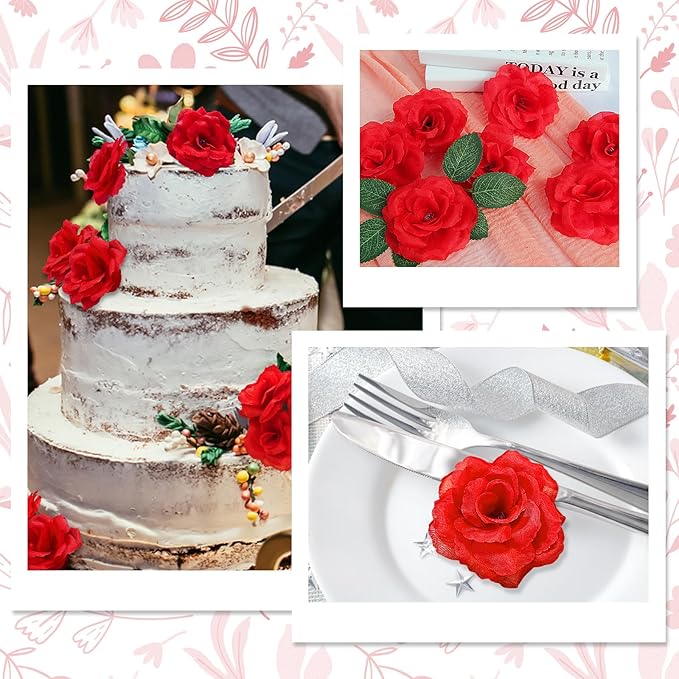 LELEE Rose Head Flowers with Stem - 108pcs Red Roses Artificial Flowers Bulk - Silk Rose Fake Flower for Wedding Bouquet Party Home Decor DIY Baby Shower Centerpieces Tables Decoration