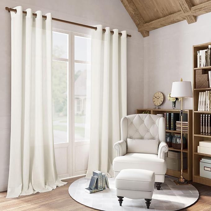 Ivory Linen Curtains 96 Inches Long 2 Panel Set for Living Room Sliding Glass Door Light Filtering Drapes 96 Inch Length Neutral Farmhouse Cream Colored Semi Sheer Grommet Curtain for Office 52x96