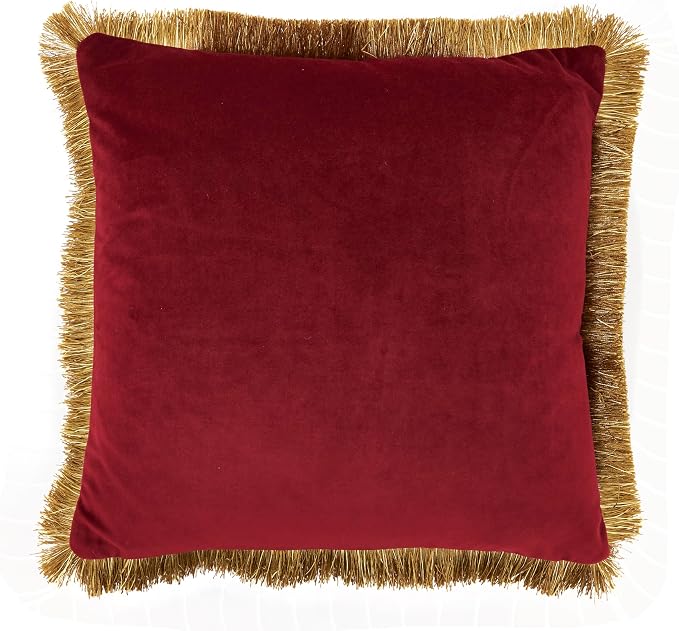 SARO LIFESTYLE Velvet Throw Pillow - Luxe Fringe Throw Pillow with Down Filled Comfort for Glam Traditional Decor, Elegant Living Spaces and Sophisticated Home Styling, 18"x18", Red