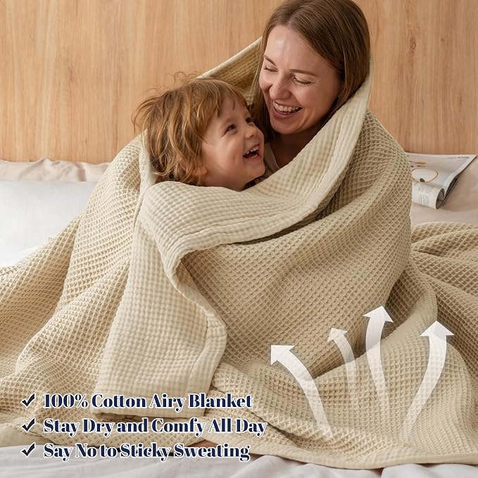 PHF 100% Cotton Waffle & Muslin Blanket King Size, Soft Breathable Luxury 400GSM Versatile Reversible Bedding for Bed, Great for Layering in Cold Weather, Home Decor Gift, 104" x 90", French Oak