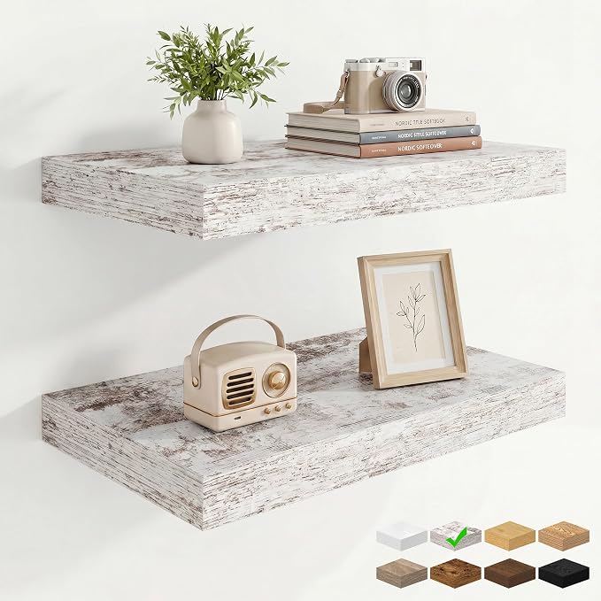 16in Floating Shelves for Wall, 16"W x 9.25"D x 1.25"H, 2 Pack Long Wall Mounted Engineered Wood Shelves with Invisible Brackets for Living Room, Bedroom, Bathroom, Kitchen, Vintage White