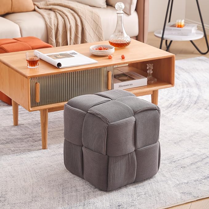 Cmishe 15" Square Woven Corduroy Ottoman Footrest - Modern Vanity Stool for Living Room & Entryway, Eco-Friendly Wood Frame, No Assembly (Grey)