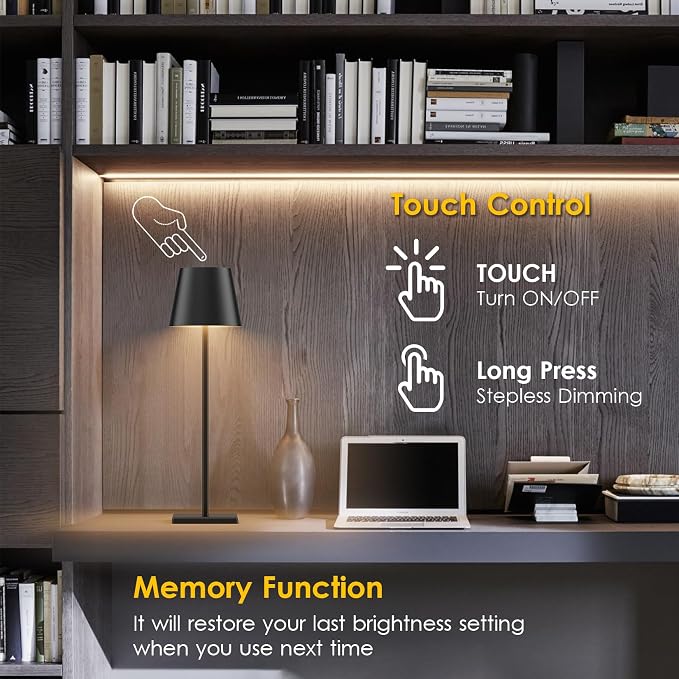 4-Pack LED Rechargeable Table Lamp, Battery Desk lamp 5000mAh Battery Operated Stepless Dimming Modern Portable Table Light for Restaurant/Dinner/Bedroom/Outdoor IP54 Waterproof (Black)