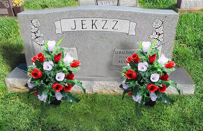 LVXINLI 2 Sets Artificial Cemetery Flowers,Outdoor Grave Decorations Roses,Beautiful Arrangements Bouquet with Cemetery Vase,Lasting and Non-Bleed Colors (White+Red)