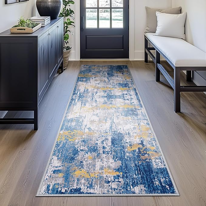 RELEANY Washable Area Rugs 2'x10' Non-Slip Modern Abstract Soft for Living Room Entryway Bedroom Nursery, Print Pattern, Grey Blue Gold/Golden