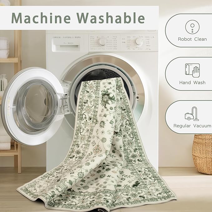 Srugn Washable Rugs 8x10 Area Rugs for Living Room,Rugs for Bedroom,Large Carpets,Ultra Soft Faux Wool Retro Dining Room Rug,Non Slip&Non-Shedding Low Pile Vintage Print Rug for Home Office-Green