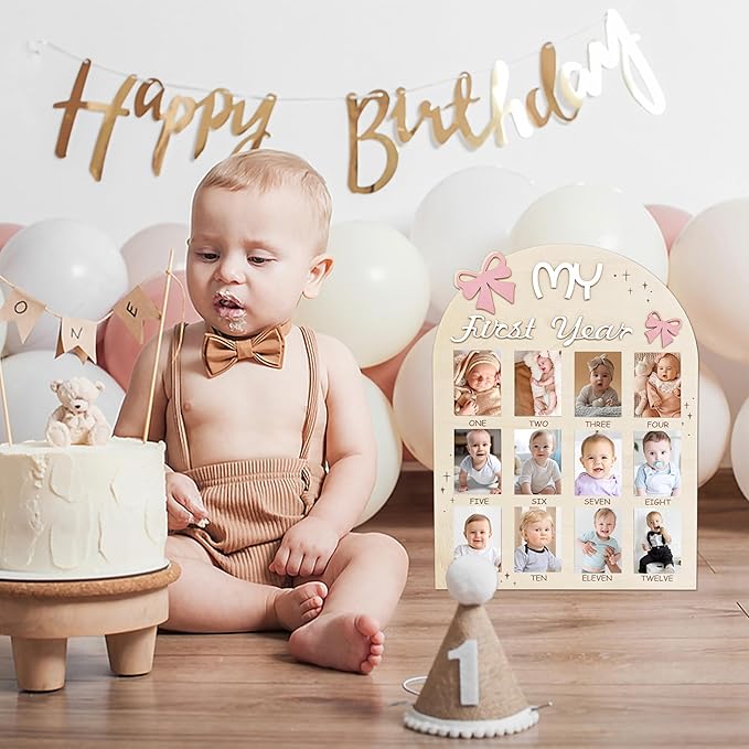 Aukolass Bow One Year of Photo Board, My First Year Photo Photo Board 12 Monthly Milestones Picture Frame for Baby Girl 1st Birthday Decorations (pink) (2" x 3")