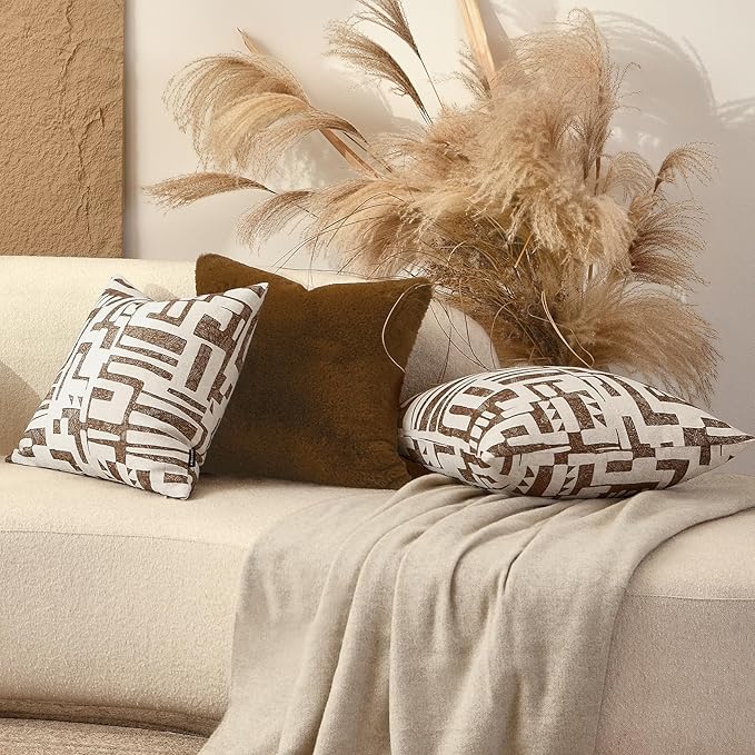 Throw Pillow Cushion Cover 18x18 Inch, Double-Sided Modern Geometric High-Density Jacquard Polyester Pillow Covers for Sofa, Bed, Rattan Chair, Bedroom, Living Room(Brown)