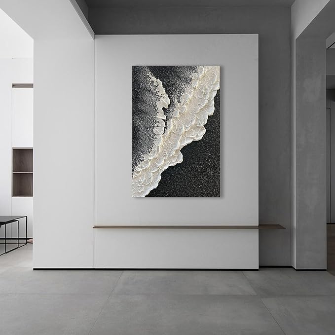 NANKAI Handcrafted Thick Texture Black and White Abstract Canvas Art Ocean Wave Beach Landscape Oil Painting Home Wall Art Deco Oil Painting 24X36 Inches