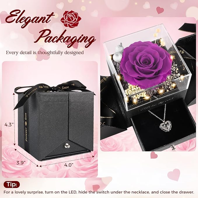 TranquilBliss Gifts for Mom, Preserved Real Purple Rose Gift Box with Heart Necklace,“I Love You” in 100 Languages, I Love You Eternal Flowers Rose Gift Set for Mother's Day, Anniversary
