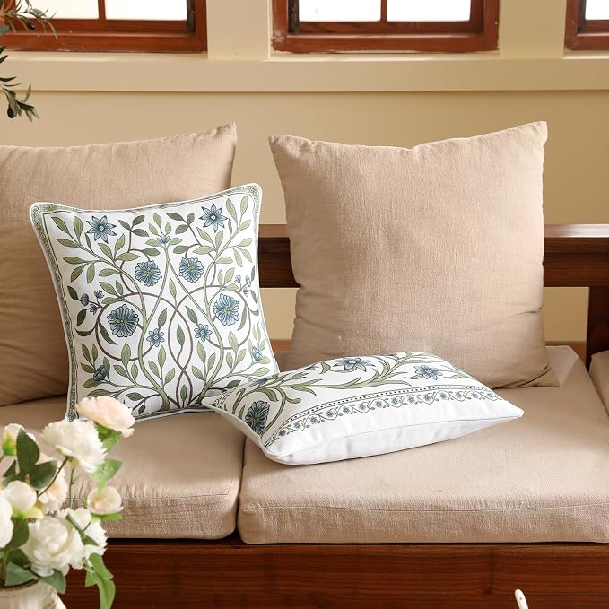 ISAENNE Designer Vintage Linen Throw Pillow Cover,18"x18"-Mosella A | French Elegant Square Decor Pillow Cover,Concealed Zipper Design,Floral Pattern,Sofa,Bedroom,Living Room,Lounge Chairs