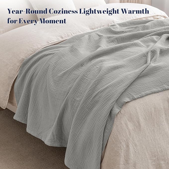PHF 100% Cotton Muslin Blanket King Size 108"x90", 4-Layer Lightweight Gauze Throw, Breathable Cloud-Soft Minimalist Blanket for Bed, Couch, Camping & Baby, Light Grey, Ideal Gift