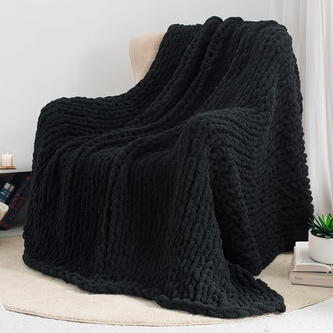 Chunky Knit Throw Blanket 60x80, 100% Handmade Chenille Yarn | 6.7lbs Soft Thick Cable Knitted Blankets, Large Rope Knot Crochet Throws for Couch Sofa Bed Machine Washable, Black