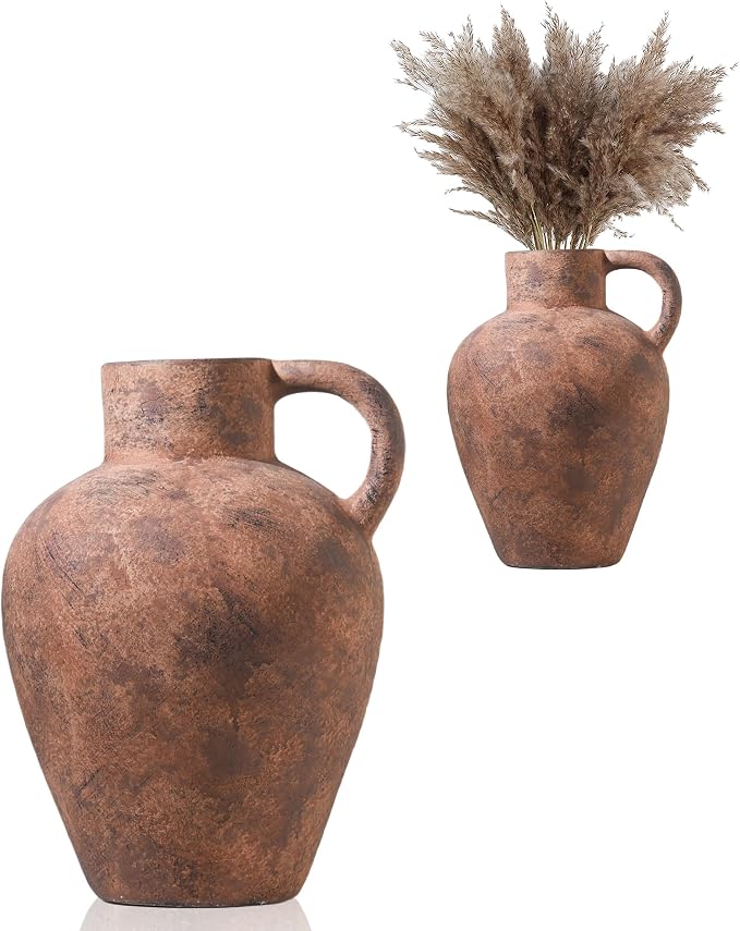 UPWOIGH 12in Vintage Single Handle Terracotta Vase | Rustic Brown Finish, Distressed Black Markings, Mediterranean Farmhouse Décor, Table or Mantel Accent, Antique Gift