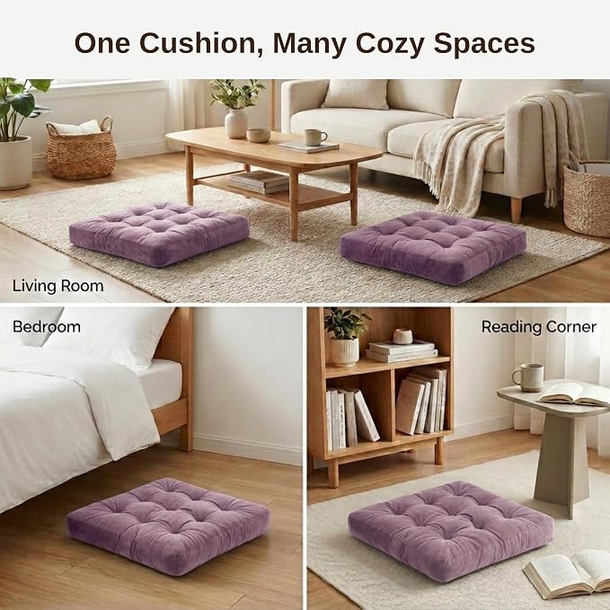 Floor Pillow for Adults, Soft Velvet Floor Cushion for Sitting, Single Square Tufted Floor Pillow for Reading Nook, Living Room, Bedroom, 22 x 22 Inch, Lavender