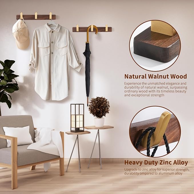 Wall Mounted Coat Rack, Entryway Hanging Coat Rack, Metal Wood Coat Rail with 3 Rustic Hooks Rail for Coat, Scarf, Bag, Towel, Key, Cap, Hat, Walnut Gold Matt