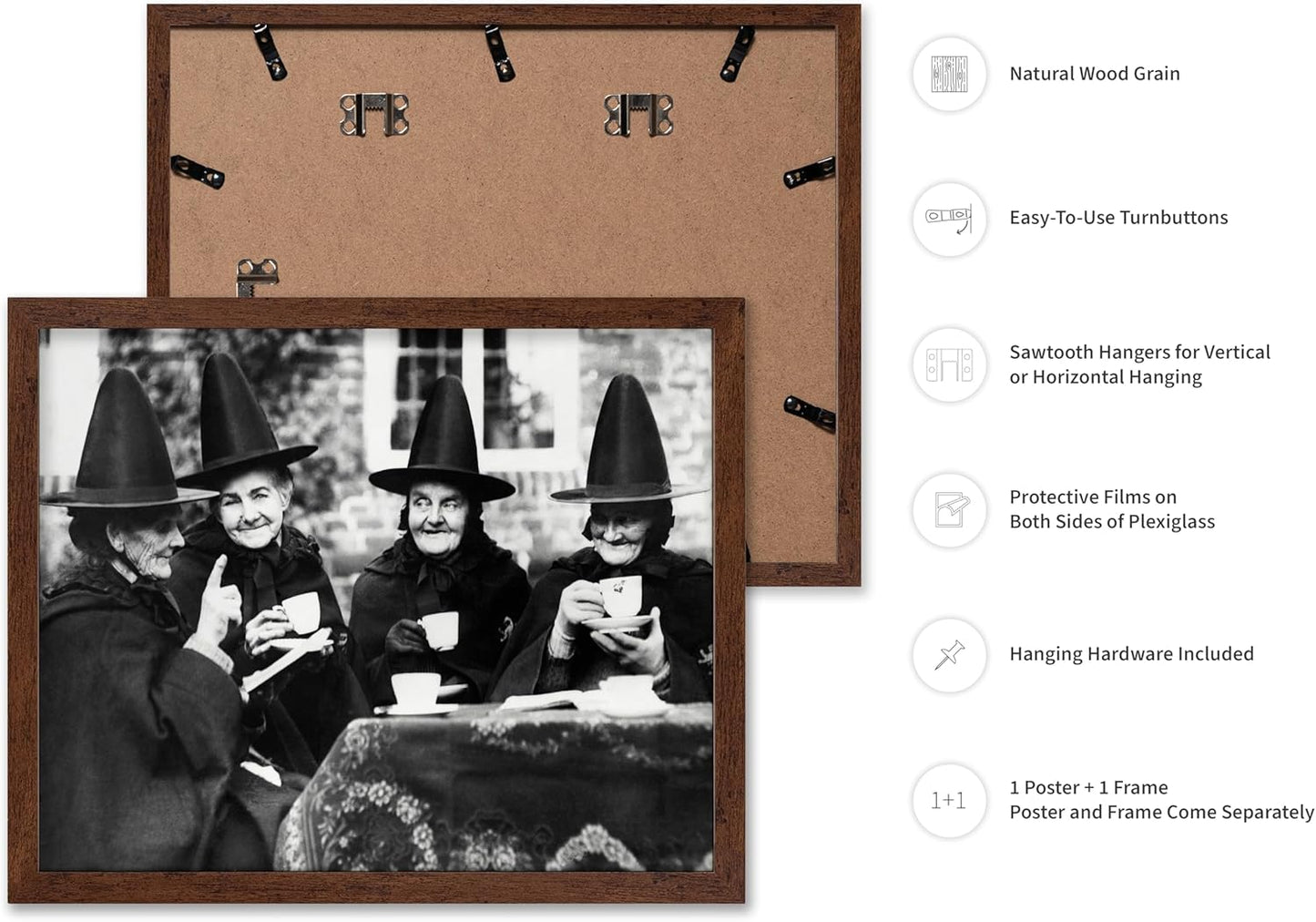 Poster Master Classic Photograph Poster - Vintage Halloween Print - Gift for Artist, Friend - Witches Tea Party, Old Women Smiling, Wearing Robes - Wall Decor for Living Room, 8x10 Brown Framed