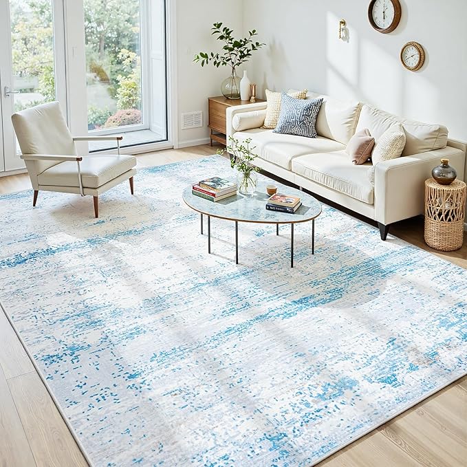 5x7 Area Rugs Washable Rug:Anti-Skid Abstract Modern Living Room Rug Soft Thin Carpets Indoor Floor Non-Shedding Carpet for Bedroom Dining Farmhouse Nursery Home Office(Light Blue/White/Beige, 5x7)