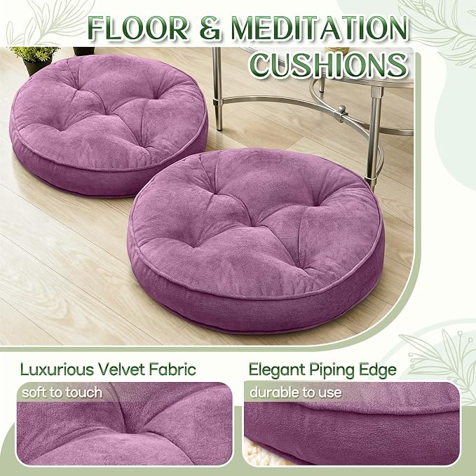 1 MIDDLE ONE Floor Pillow Set of 2, Memory Foam Meditation Cushion, Floor Cushions for Adults Sitting, Large Round Seat Cushions for Yoga, Living Room, 20x20 Inch (Round | Pearly Purple)