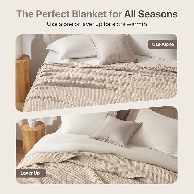Madison Park 100% Cotton Blanket, Trendy Woven Waffle Weave Design, All Season, Lightweight, Breathable, Soft and Cozy Casual Summer Cover, for Bed, Couch and Sofa, Twin(66 in x 90 in), Khaki