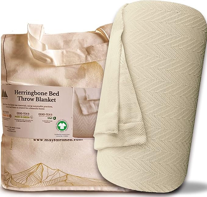 Mayfair Linen Cotton Throw Blankets for Bed Queen Size - Herringbone Pattern Soft Cotton Blanket (1 PC, Ivory), Breathable, Soft & Cozy Thermal All Season Throw for Bed Couch Chair Outdoors