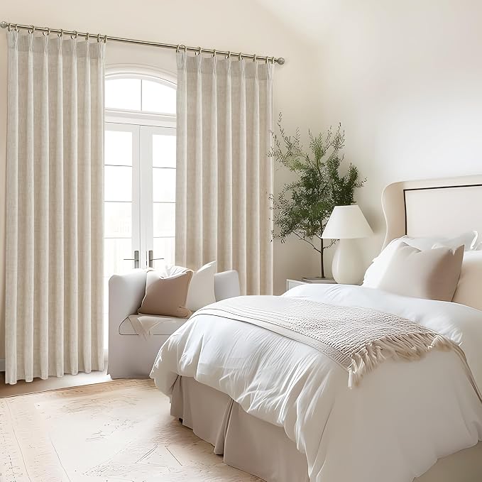 Pleated Natural Linen Kitchen Small Window 45 Inch Curtains Over Sink, Petty Light Filtering Pinch Pleat Cream Beige Sheer Mini Curtain 45 Inch Length 2 Panels Set for Cafe Laundry Room Back Tab Burg