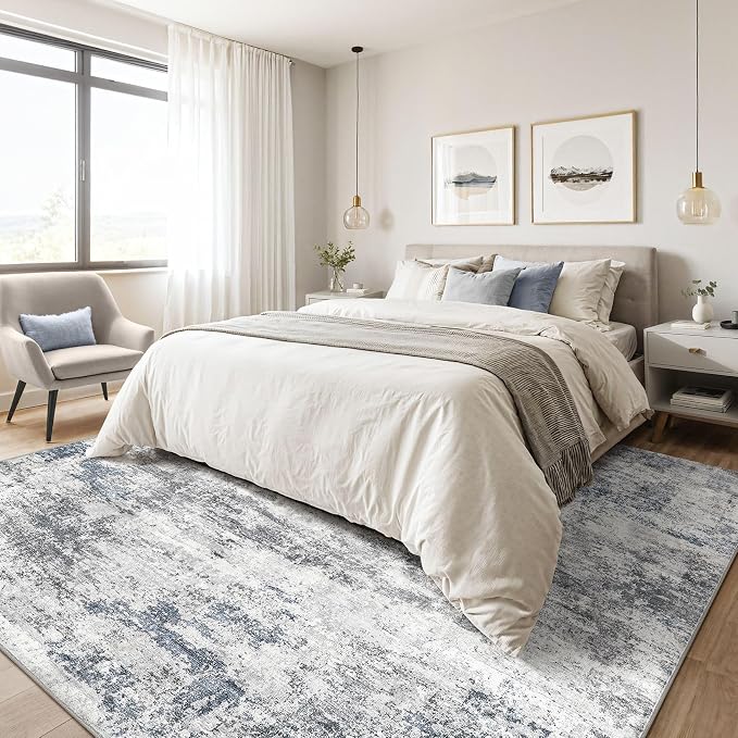 10x14 Area Rugs Living Room: Washable Large Abstract Neutral Modern Soft Rugs Stain Resistant Indoor Floor Non-Slip Accent Carpet for Bedroom Nursery Playroom Office Dining Room Home Decor- Blue Gray
