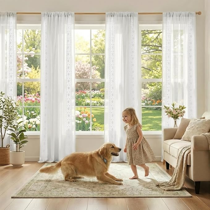 jinchan Weslie Floral White Sheer Curtains for Living Room 84 Inch Long Embroidered Voile Farmhouse Linen Curtains for Bedroom Bordered Flower Patterned Cottage Core Window Drapes 2 Panels Off White