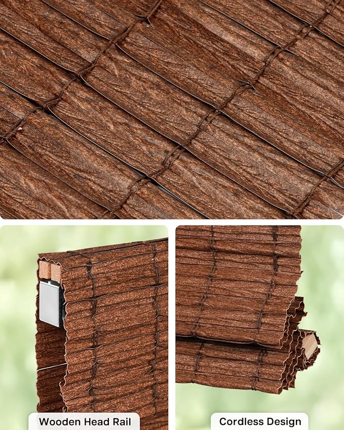 LazBlinds No Drill Cordless Roman Shades for Windows, Light Filtering Privacy Protection Thermal Insulation UV Blocking Natural Panama Weave Fabric Blinds for Windows, 26" W x 64" H, Brown