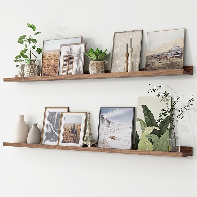 FLYJOE Picture Ledge Shelf, Floating Shelves Set of 2, 56 Inches Long Large Nursery Book Shelves for Toys Storage, Kids Bookshelf Wall Mounted for Living Room Bedroom Decor Books Photo Frames, Walnut