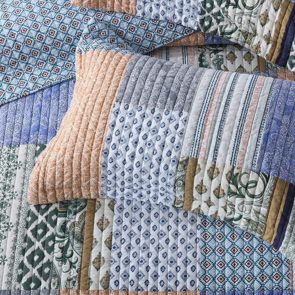 Autumn Dream Cotton Bedspread Quilt Sets Reversible Bedding Coverlet Sets Comforter, Bohemian Paisley Patchwork Blue Bedspread, King Size