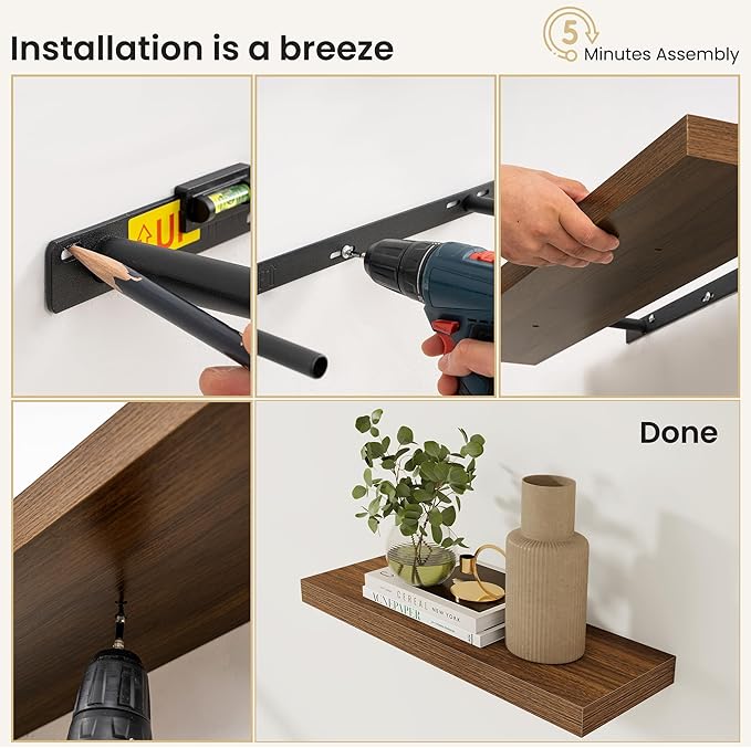 Fun Memories Rustic Wood Floating Shelves for Wall, Space-Saving Wall Mounted Shelves for Bathroom, Bedroom, Living Room and Kitchen, Stylish Storage & Display (Set of 2, Walnut, 32 in)