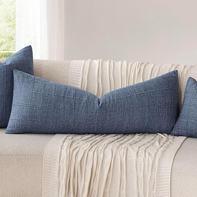 Foindtower Set of 2 Decorative Linen Check Throw Pillow Covers Neutral Long Body Lumbar Cushion Covers Farmhouse Vintage Home Decor for Sofa Chair Couch Bedroom Living Room,14×36 Inch,Blue