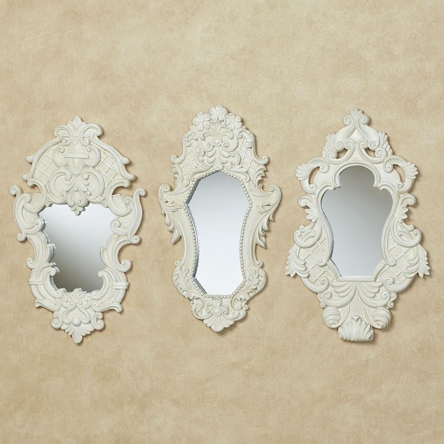 Lattice Scroll Antique White Traditional Classic Wall Mirrors | Set of Three | Vintage Accent Hanging Mirror for Bedroom, Living Room, Office, Hallway | Victorian Style Decor