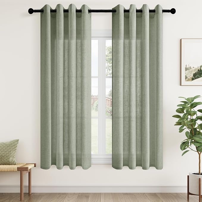 Sage Green Semi Sheer Curtains 63 Inch Length 2 Panels Set for Bedroom Kitchen Linen Textured Grommet Ring Top Light Filtering Spring Summer Boho Decor Green Curtains for Living Room 63 Inches Long