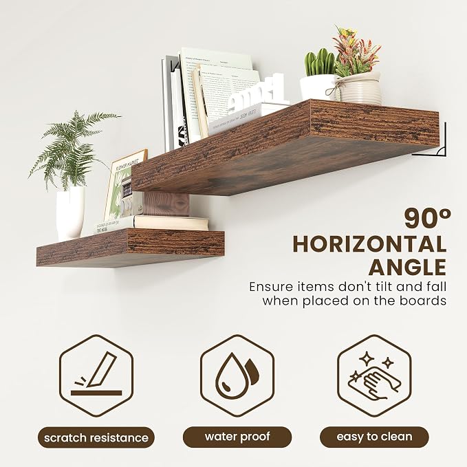 FLYJOE Deep Floating Shelves | 40 Inch Floating Shelves Set of 2 | 12 Inch Deep Brown Wood Wall Shelves | 40" W x 12" D Rustic Brown Shelves for Bathroom Living Room Kitchen Laundry Room