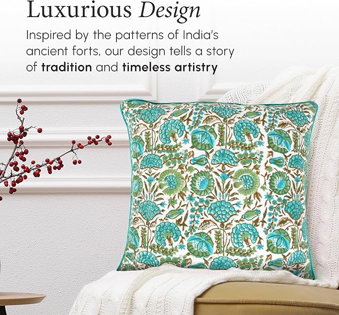 CPC Aqua Green Floral Printed Throw Square Cushion Covers - 24x24 Inch 100% Cotton Washable Decorative Couch Pillows Covers for Living Room Bed Sofa and Outdoors Spring, Easter, Valentines Gift
