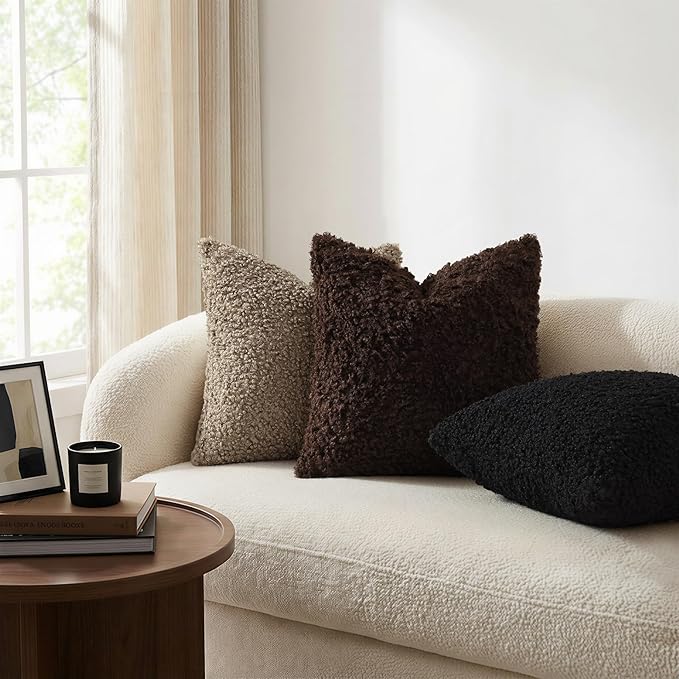 decorUhome Pack of 2 Throw Pillow Covers 24x24 Inch, Faux Fur Decorative Sherpa Pillow Covers Fuzzy Accent Soft Sheepskin Fleece Pillow Cases for Couch Living Room Bed, Black
