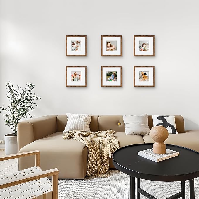 Picrit 8x8 Picture Frame Set of 12, Display 5x5 with Mat or 8 x 8 without Mat, Photo Frames for Wall Mounting or Table Top Display, Brown
