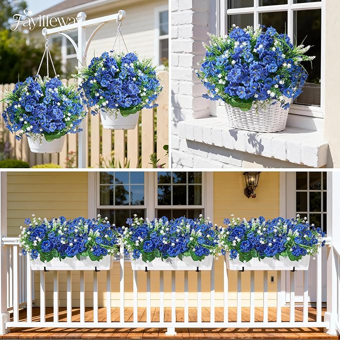 16 Bundles Artificial Flowers for Outdoors, UV Resistant Silk Faux Flowers for Outside Planters,Garden,Porch,Yard,Home Decor(Blue)