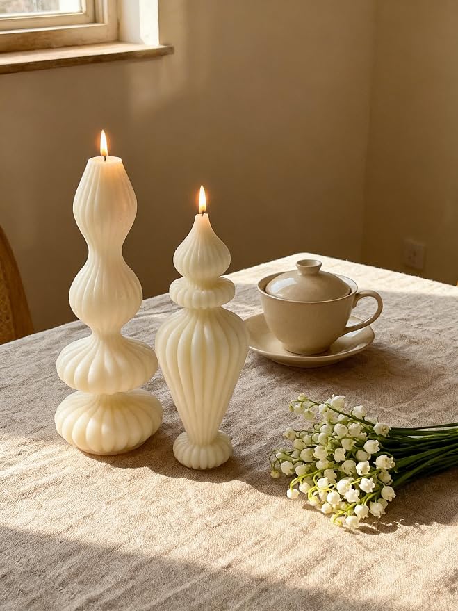 Set of 3 White Pillar Candles Soy Wax Scented Ribbed Candles for Home Decor, Housewarming Gift, Shelf & Table Decor - Aesthetic Modern Candles Set