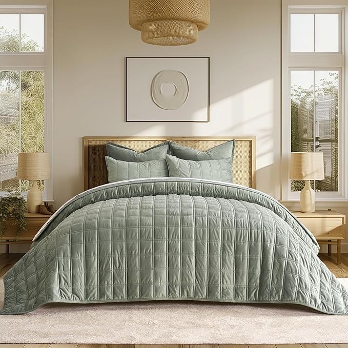 EverGrace 3 Pieces Luxurious Velvet Quilt Queen Size, Ultra Soft Bedspread Coverlet Set, Double Box Stitch Lightweight Velvet Comforter for All Season with 2 Shams, Sage Green, 92"x96"