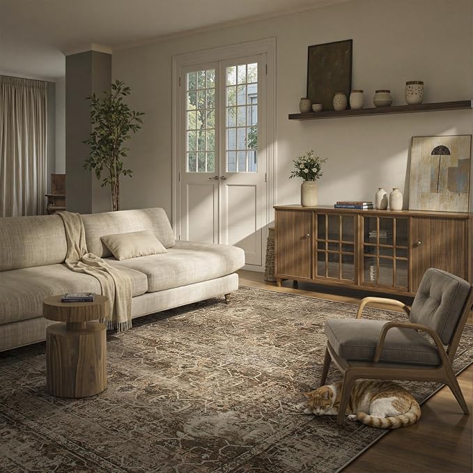 Lahome Margot Vintage 8x10 Area Rugs - Washable Non-Slip Boho Living Room Rugs for Under Table, Brown Low Profile Soft Faux Wool for Bedroom, Dinning Room, Nursery, Playroom