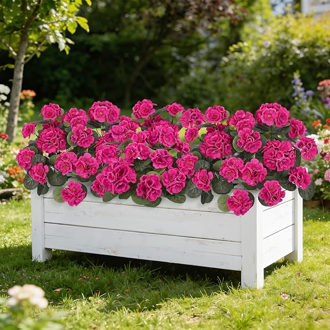Ouddy Decor Artificial Geranium Flowers for Outdoors, Fake Silk Flowers UV Resistant Faux Geraniums for Vase Planter Garden Patio Balcony Porch Indoor Outdoor Spring Summer Home Decor, 24 Pcs Rose Red