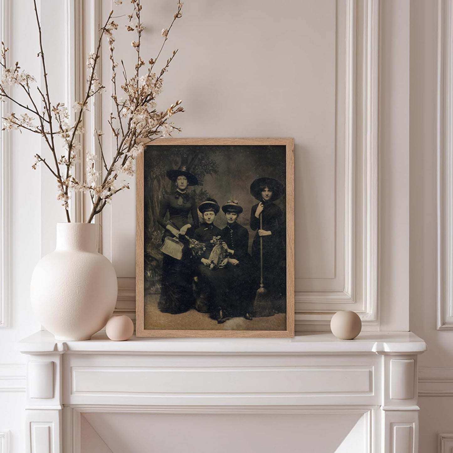 Poster Master Vintage Photograph Poster - Retro Halloween Print - Gift for Artist, Friend - Four Witches Wearing Robes, Sabbath, Coven, Sorcery - Wall Decor for Home, Office, 8x10 Beige Framed