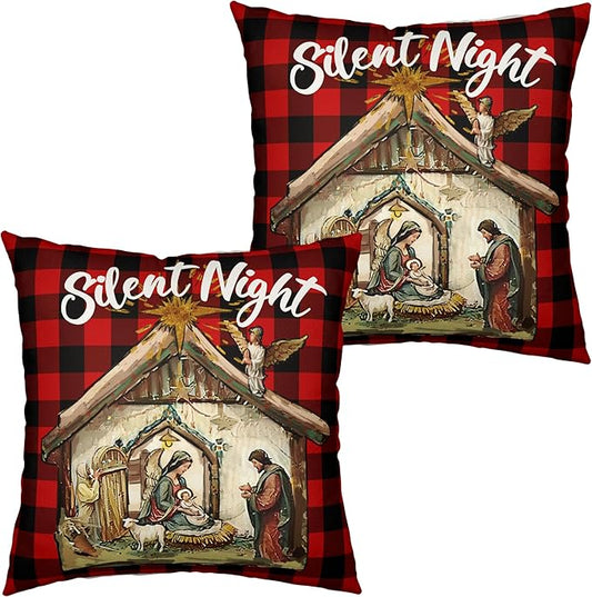 Jesus Nativity Pillow Case Set of 2 Xmas O Holy Night Silent Night Throw Pillow Covers Red Buffalo Plaid Christmas Pillow Covers 22x22 for Living Room Couch Bedroom