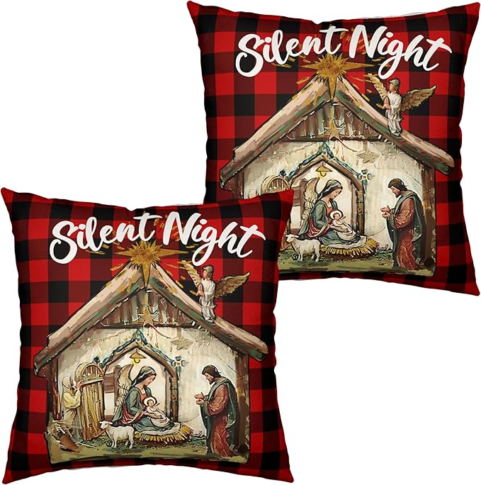Xmas O Holy Night Silent Night Throw Pillow Covers Jesus Nativity Pillow Case Red Buffalo Plaid Christmas Pillow Covers 20x20 Set of 2 for Living Room Couch Bedroom
