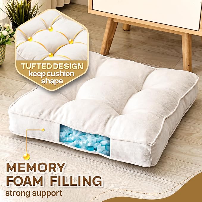 1 MIDDLE ONE Floor Pillow Set of 2, Memory Foam Floor Cushions for Adults, Large Meditation Pillow for Sitting, 22 x 22 Inches (Square | Beige)