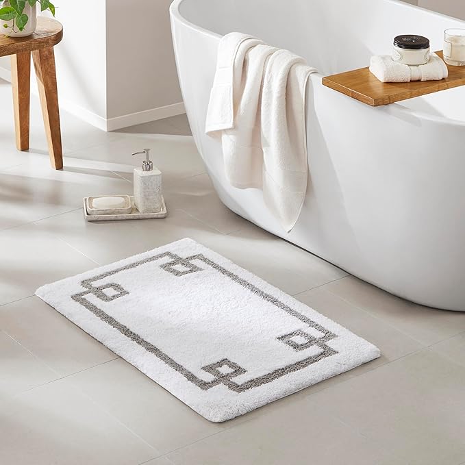 Madison Park Evan 100% Cotton Bathroom Rug Non Slip Backing-Luxrurious Tufted Plush Bath Mat Absorbent, Quick Dry, Spa Design Shower Room Décor, 20x30, White